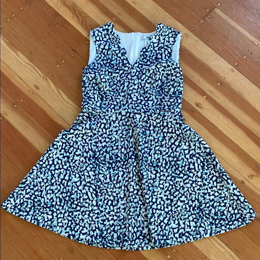 Wisp Fit and Flare Scalloped V Neck Blue and White Sleeveless Stretch Dress‎ 14